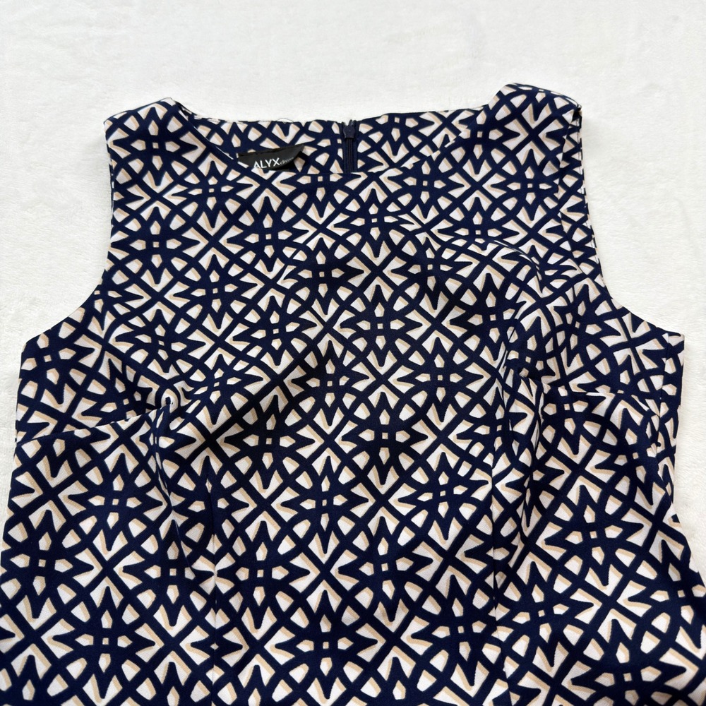 ALYX Sheath Dress Womens Size 8 Navy‎ Blue Cream Geometric Lattice Good 0308J41 - Picture 6 of 10